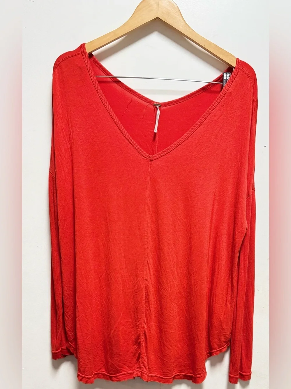 Free People Oversized V-Neck Long Sleeve Top - Coral Red